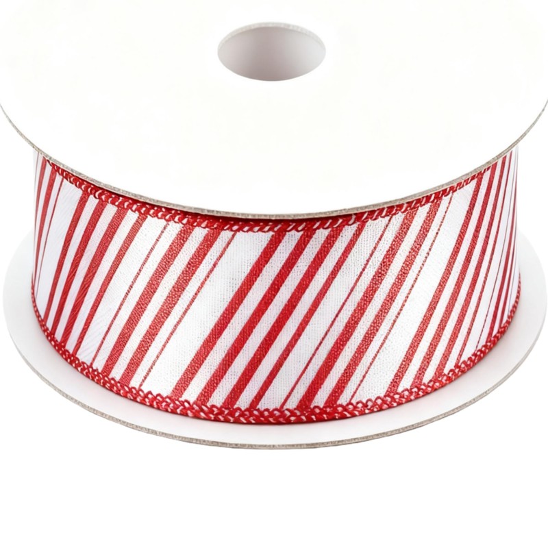 Meseey Red and White Diagonal Stripes Wired Ribbon 2.5 Inch