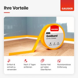 GAUDER Gold Tape (24 mm x 50 m) | 3 x Painter's Masking Tape Made of Premium Washi Tape for Precise Colour Edges | Residue-Free Professional Masking Tape and Masking Tape | Painter's Tape for Painting