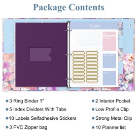 ZAXMEY 3 Ring Binder, 1 Inches Round Ring Binder with Clipboard, Dividers Tabs, PVC Zipper Bag Sleeves & to Do List Planners for Women, Men, School, Office Supplies, Watercolor Flower