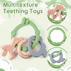 TYRY.HU Baby Teething Ring(6 Pack), Multi Use Baby Toy Ring - Attach Toys & Teethers to Stroller, Car Seat & More,Soft-Textured Sensory Chew Rings & Wood Teether Soothe Babies Gums for Infant,Green