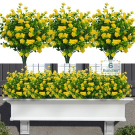 Satefello 6 Bundles Artificial Fall Flowers for Outdoors,UV Resistant Fake Plastic Plants Artificial Shrubs Spring Flowers Decor of Vase and Outside Window Box, Ferns Plants for Planter-Yellow