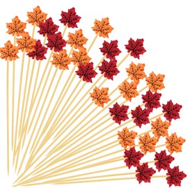 100PCS Maple Leaf Fall Cocktail Picks for Thanksgiving Autumn Themed Party Decoration Supplies, 4.7 Inch Long Appetizer Toothpicks Bamboo Sticks Charcuterie Skewers for Food Fruit Sandwich Drinks