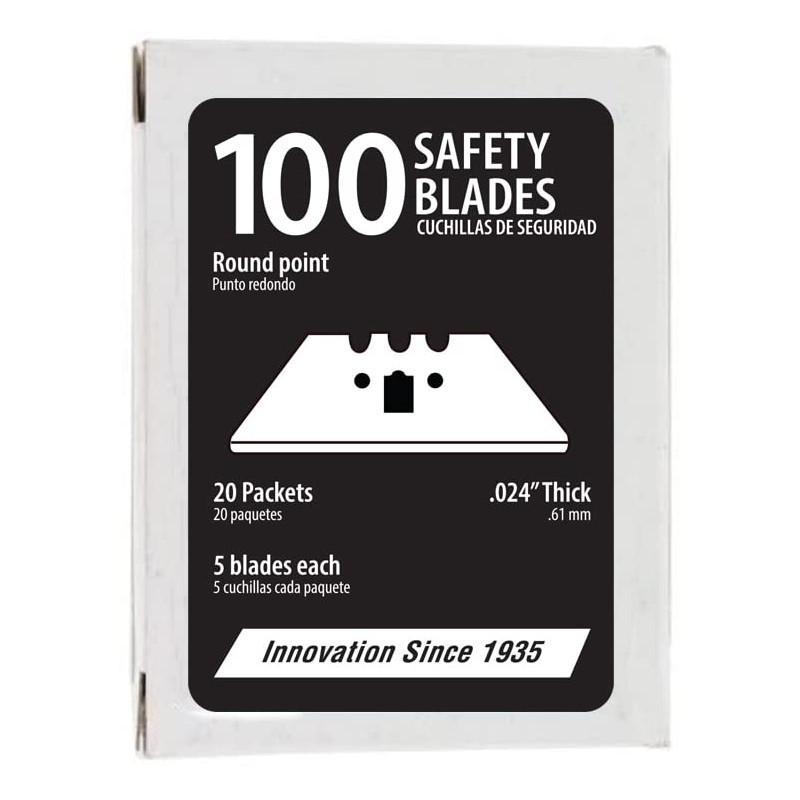 ALLWAY KBS100 3-Notch Safety Knife Blades, Rounded Point, 100 Pack