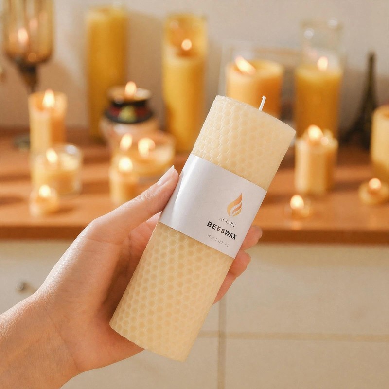 2-Pack 2x6 White Beeswax Pillar Candles, Hand-Rolled Honeycomb Texture