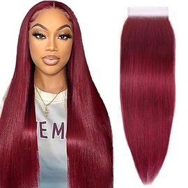 Tuheerst Lace Closure Human Hair Straight Closure 4x4 Burgundy Lace Closure Bresilienne Cheveux Humain #99J Bleached Knots with Baby Hair for Woman 20 Inches