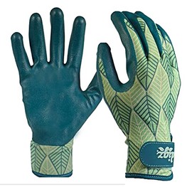 Digz Grip Latex-Free Polyurethane Coated Garden Gloves with Adjustable Wrist | Color: Blue & Green Leaves Pattern | Size: Medium
