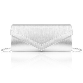 Larcenciel Women's Clutches, Metallic Shiny PU Leather Handbags for Women w/Detachable Chain, Elegant Silver Envelope Evening Clutch Bag Crossbody Shoulder Bag for Party, Prom, Cocktail, 22×10.5×5cm
