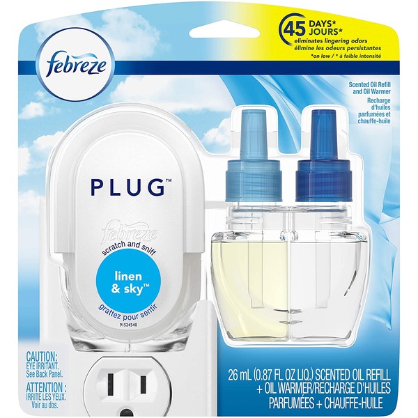 Febreze Plug in Air Freshener and Odor Eliminator, Scented Oil Refill and Oil Warmer, Linen & Sky, 1 Count