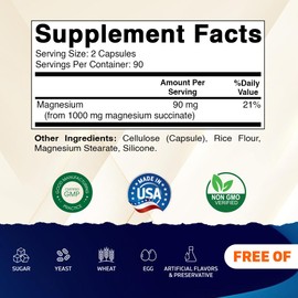 Vitamatic Magnesium Succinate 1000 mg Per Serving (Provides 90mg Elemental Magnesium) - 180 Capsules - Highly Bioavailable Form - Supports Muscle, Nerve & Heart Health - Non-GMO & Gluten-Free
