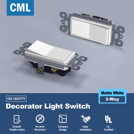 CML 3 Way Matte White Decorator Paddle Rocker Wall Light Switch, Single Pole or Three Way, 15A 120/277V, On/Off Interrupter, 20 Pack
