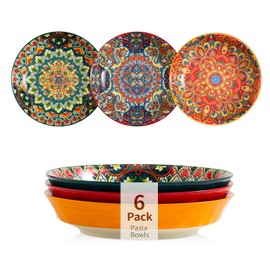 ASBEFORE Ceramic Pasta Bowls Set of 6-8 inch 30 oz Serving Bowls, Colorful Dinner Bowls for Soup,Salad, and Pasta, Kitchen, Microwave, Dishwasher Safe, mexican, Bohemian Style