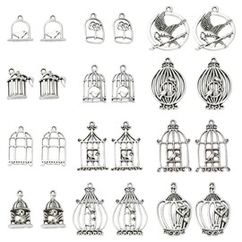 Ipotkitt 60 Pcs 12 Styles Antique Silver Birdcage Charms Vintage Spring Themed Animal Bird House Charms for DIY Craft Bracelet Jewellery Making