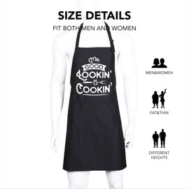 Ihopes Funny Black Apron for Women Men Best Friends,Mr. Good Lookin is Cookin Apron with 2 Pockets and Adjustable Neck Strap,Perfect for Birthday/Christmas/Thanksgiving, Large