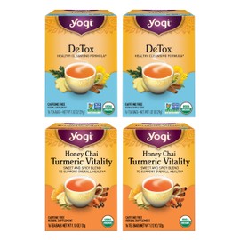 Yogi Tea DeTox and Wellness Variety Pack 4pk - 16 Bags per Pack (4 Pack) - Organic Herbal Cleansing Teas - Includes (2 Boxes Each) of Honey Chai Turmeric Vitality & DeTox - Caffeine-Free Teas