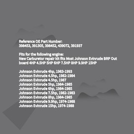 398453 Carburetor Carb Repair Rebuild Kit with Float Fits Johnson Evinrude BRP Outboard 4HP 4.5HP 5HP 6HP 7.5HP 8HP 9.9HP 15HP Replace 398453 391305 398452 439072 391937