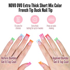 NOVO OVO French Tip Short Duck Nail Tips Press On 5 MIXED COLOR, Pre-designed Soft Gel Nail Extension, Pre-applied Tip Primer & Base Coat, Full Cover Acrylic False Nails for DIY x 12 Sizes 240 pcs