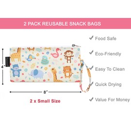 Reusable Sandwich Bag/Snack Bag for Kids & Adults, Dual Layer Lunch Bag with Handle, Washable, Food Safe, BPA Free (2-Pack, Zoo)
