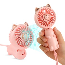 QearFun Handheld Lanyard Fan Portable, Mini Hand Held Fan with USB Rechargeable Battery, 3 Speed Strong Personal Table Fan, 8-12 Hours Small Makeup Fan for Girls Women Travel Beach (Pink&Green)