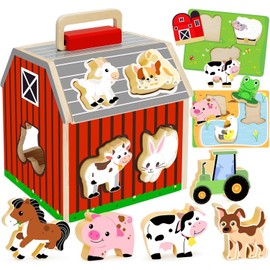 Fohouse Wooden Farm Animals Shape Sorter Toys, Take-Along Sorting Barn Toy with Baby Chunky Puzzles, Montessori Shape Sorting Learning Toys for Fine Motor Games for Toddlers Kids Ages 2+