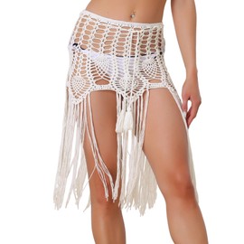 Allegra K Women's Crochet Sexy Summer Beach Swimsuit Tassel Cover-Up Skirt Medium White