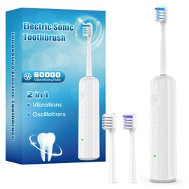 2025 New 2-in-1 Electric Toothbrush for Adults - Vibration 60,000 VPM & Oscillation 73° Rechargeable Electric Toothbrush, 50+ Days Battery Life, 3 Modes, 2-Minute Timer, 3 Brush Heads, White