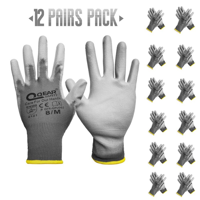 QEARSAFETY 12 Pairs PU Palm Coated Work Safety Gloves, Knitted