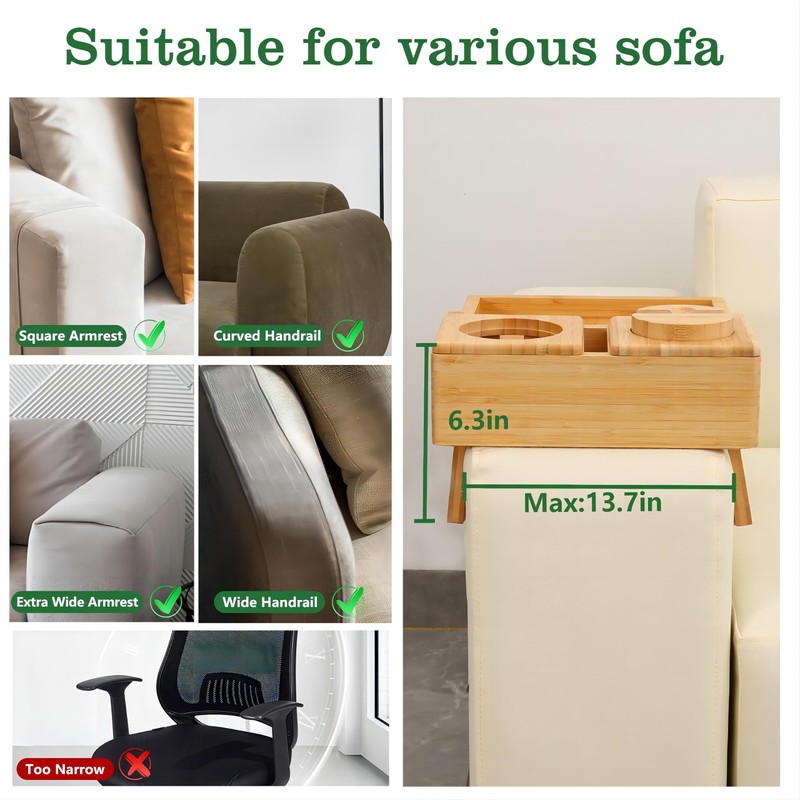BAMBOOTRAY Sofa Arm Tray Table, Multi-Function Folding TV Trays with