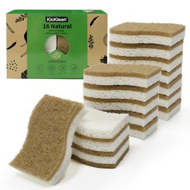 KICKLEEN 16 Pack Biodegradable Natural Kitchen Sponge - Compostable Cellulose and Coconut Walnut Scrubber Sponge - Eco Friendly Sustainable Sponges for Dishes