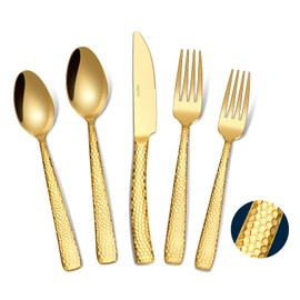 VIVANI Theoson 20-Piece Gold Heavy Silverware Set for 4, Thicken Stainless Steel Utensils Set, Hammered Flatware Cutlery Set, Mirror Finish, Dishwasher Safe