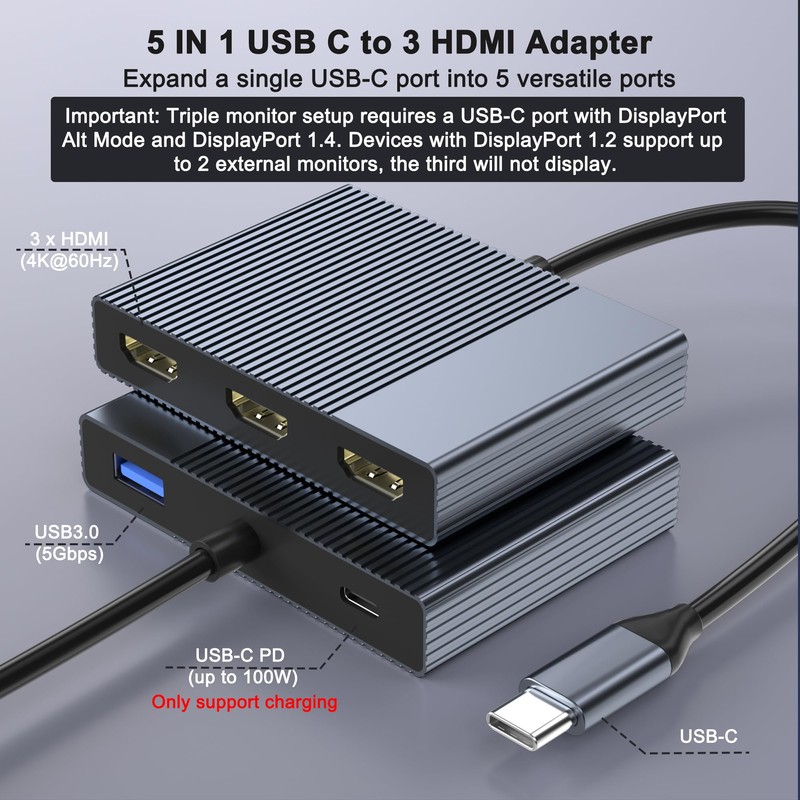 USB C to 3 HDMI Adapter with PD 100W/USB3.0, 4K@60Hz