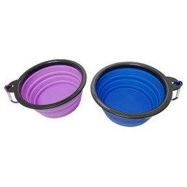 SAGESONG Small Portable Collapsible Pet Bowl, Foldable Food & Water Dish for Dogs & Cats, Ideal for Travel, Hiking, Camping & Outdoor Activities (Purple + Dark blue) 2 Pack with 2 Carabiners, BPA Free