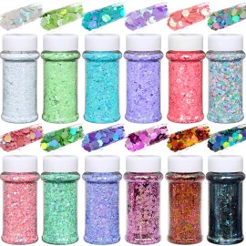 s 12 Pcs 2oz White Jar No Fine Chunky Glitter for Crafts Snow Globe and Nail Craft Tumbler Big Chunky Glittercolor: Set5-24 mix colors/Glitter