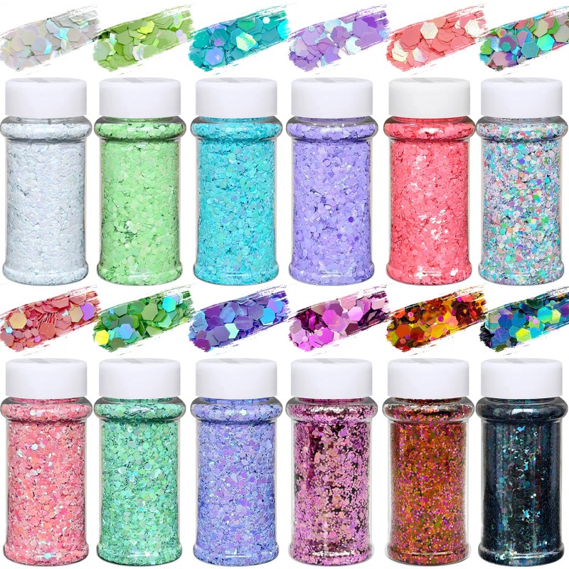 s 12 Pcs 2oz White Jar No Fine Chunky Glitter