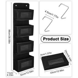 LEAZZLE Hanging Shelf on the Door, Soft Fabric Hanging Organiser with 4 Large Pockets with Clear Window and 2 Metal Hooks, Hanging Storage for Bedroom, Office, Children's Room, Black