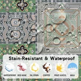 Table Cloth Wipe Clean Rectangular 140 x 180 cm, 0utdoor Wipeable Tablecloths Waterproof Vintage Green Floral Boho Tablecloth, Washable Polyester Dining Table Cover for Kitchen Garden Picnic Party