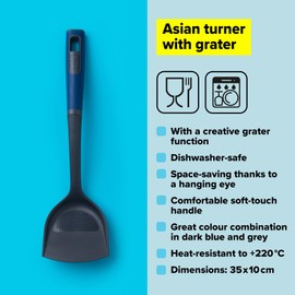 Tasty Everyday Asian Cooking Turner with Built-in Grater, Large Spatula Wide Head, Non-Stick Anti-Scratch Kitchen Turner, Heat-Resistant Cooking Spatula, 35x10x4cm, Dark Blue & Grey