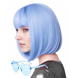 MIUSKATL Wig and Sunglasses 12 Inch Short Bob Wigs with Bangs for Women Costume Cosplay Party (Haze Blue)
