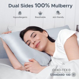 100% Pure Mulberry Silk Pillowcase for Hair and Skin - Allergen Resistant Dual Sides,600 Thread Count Silk Bed Pillow Cases with Hidden Zipper,1pc (King, Gray)
