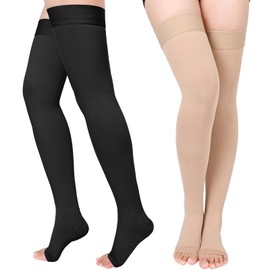 2 Pairs Compression Stockings for Women & Men, Thigh High Length 15-20mmHg Graduated Compression Socks for Nursing Sports Varicose Veins, Dot Top, Open Toe, Mix,4XL