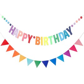 YJSPARKK Happy Birthday Banner,1 Pack Rainbow Dot Decoration Garland,1 Pack Colorful Triangle Bunting Flags,Hanging Decorations for Kids Baby Adults Birthday Party Supplies
