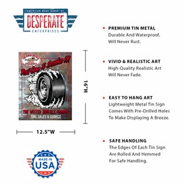 Desperate Enterprises Busted Knuckle Garage - Tire Tin Sign - Nostalgic Vintage Metal Wall Decor - Made in USA