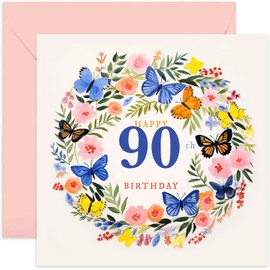 Old English Co. 90th Birthday Card for Women - Ninetieth Birthday Card for Her - Special Age Birthday Card for Grandma, Auntie, Mum - Butterfly Floral Female Birthday Card | Blank Inside
