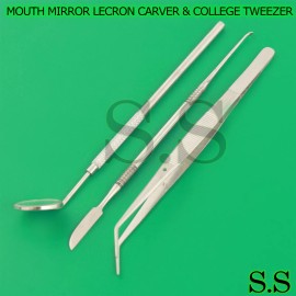 S.S DENTAL TOOLS MOUTH MIRROR NO 5 WITH HANDLE, LECRON CARVER AND COLLEGE TWEEZERR
