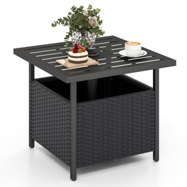 HAPPYGRILL Wicker Patio Umbrella Table with 1.57” Umbrella Hole, Outdoor Rattan Side Table with Heavy Duty Metal Frame, 22” Square PE Rattan End Table for Deck Backyard Poolside (Black)