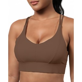 Grace Form Sports Bra for Women Strappy Medium Support Push Up Padded Sports Bra for Running Workout Bra Yoga Bra Acorn Brown
