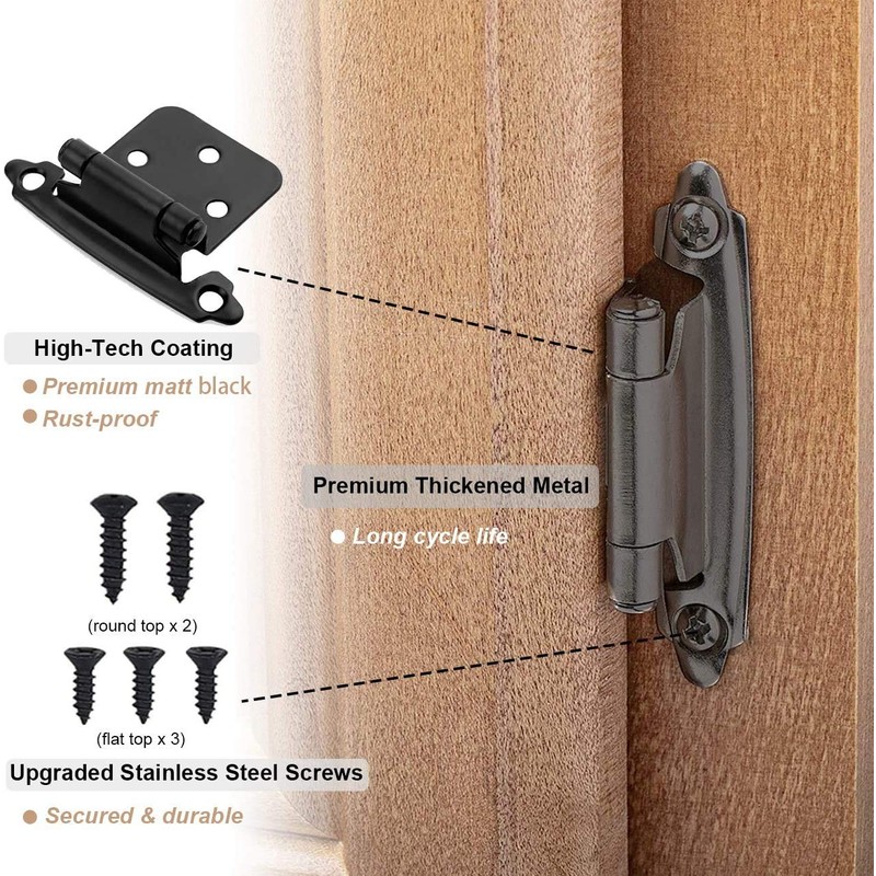 6 Pack Black Cabinet Hinges,1/2 Inch Overlay Face Mount Hinges