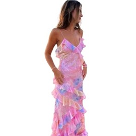 GTSAMTON Ladies Ruffle Tassel Dressy Curvy Shift Dress Satin Sleeve Less Dress Halter Elegant Sundress Pink Floral L