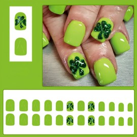 24Pcs St. Patrick's Day Press on Nails Short Square Fake Nails with 5D Green Glitter Four Leaf Clover Designs Spring Lucky Clover Glue on Nails Green Acrylic False Nails Holiday Gift for Women Girls