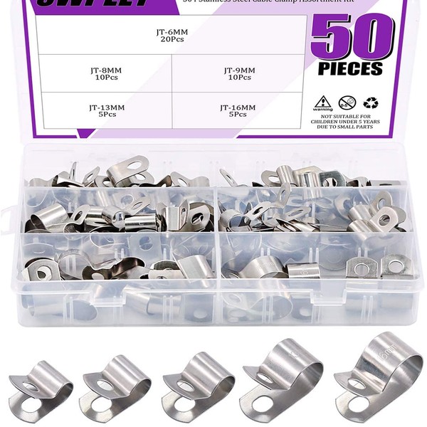 Swpeet 50Pcs 304 Stainless Steel 6mm-16mm Vinyl Coated Cable Clamps Assortment Kit, Without Rubber Cushioned Insulated Clamp, Metal Clamp, Tube Holder for Tube, Pipe or Wire Cord Installation