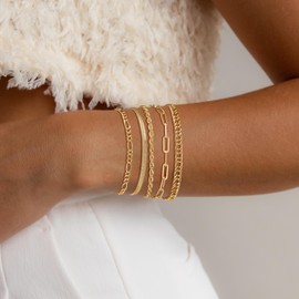 Kyerlyn Gold Bracelets for Women Waterproof, 14K Real Gold Jewelry Sets for Women Trendy Figaro Paperclip Dainty Herringbone Chain Bracelet Pack Fashion Accessories Gifts